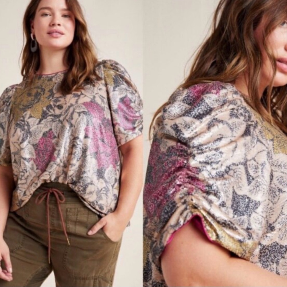 Anthropologie Marie Floral Sequined Puff Sleeve Blouse Size 10 NWT - Picture 2 of 11